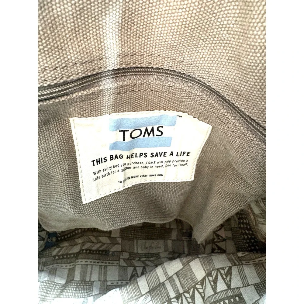TOMS Canvas Drawstring Pouch Sak Bag Geometric Embroidered Boho Faux Leather